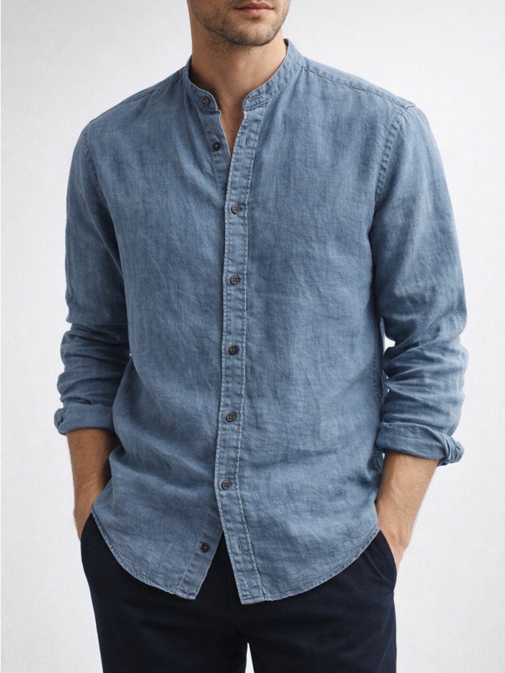 🇨🇦 Club Monaco Slub Linen Band Collarless Shirt Slim Fit Blue Medium